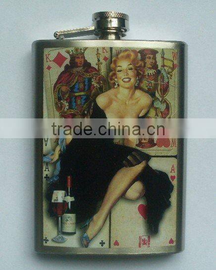 stainless steel small hip flask with water-transfer printing