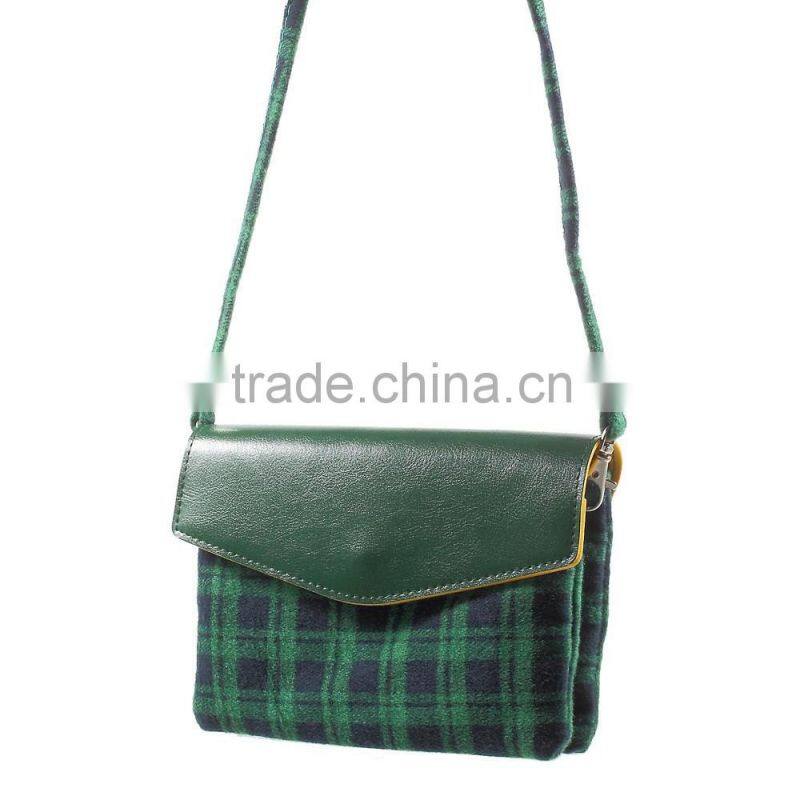 Check Pattern Lint and Leather Hybrid Bag for Smart Phones with Strap Size: 19 x 12cm(L x W)