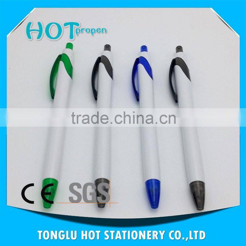 white barrel click ball pen with transparency plunger clip and tip