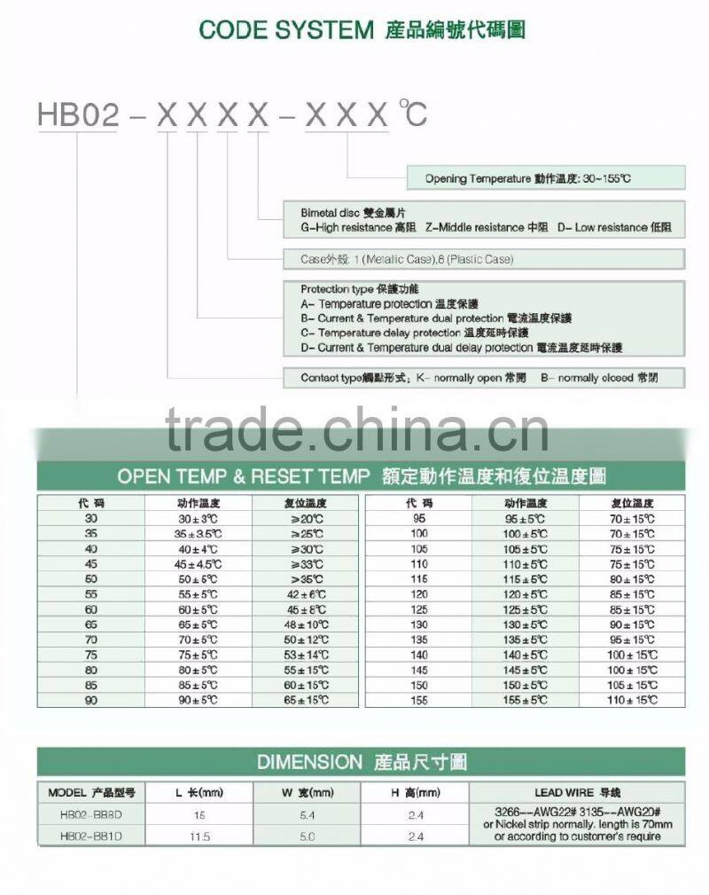 HB02 Mini Size Low Resistance Gasketed Case Snap Action Thermal Protector