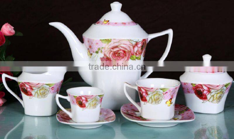 2016 new item porcelain square 17pcs tea pot set ceramic flower handmade design