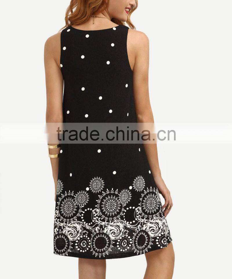 Casual Dresses For Women 2016 Summer Ladies Black Polka Dot Print Sleeveless Round Neck Short Shift Dress