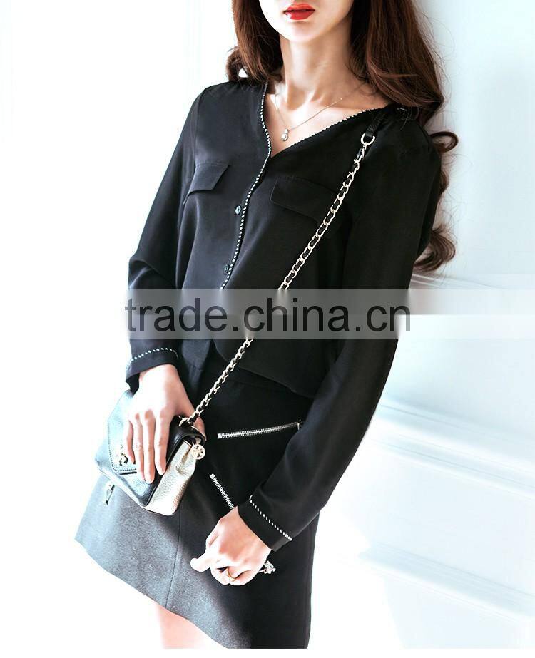 SZXX Tops Fashion Womens Lady Black Wide Collar Casual Blouse