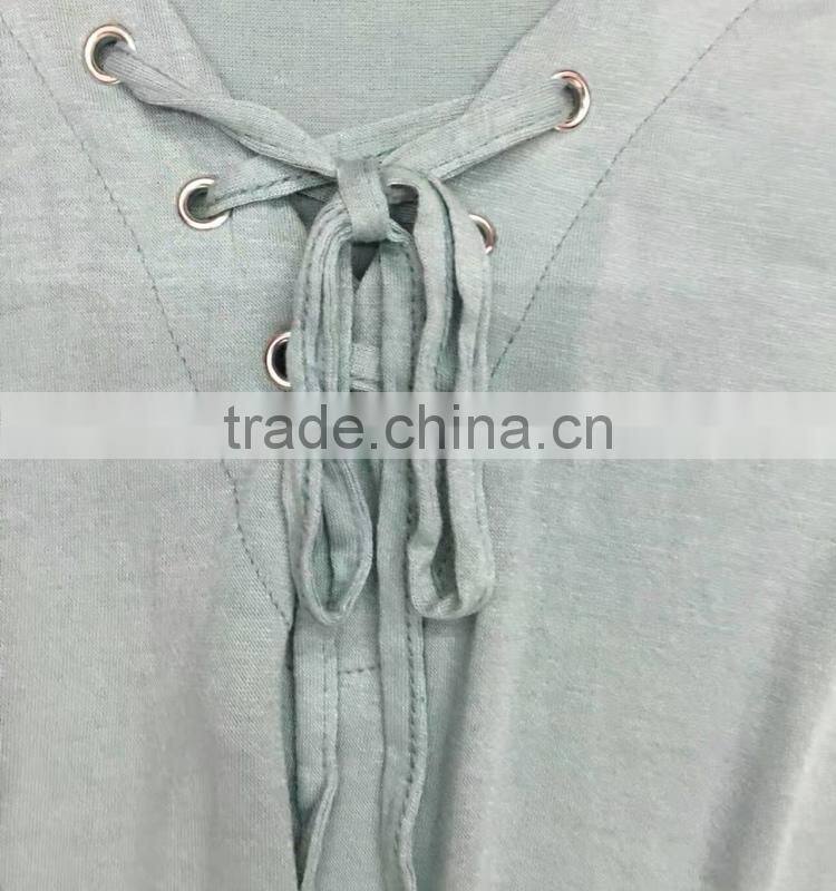 Factory closeout women fashion lace-up long sleeve cotton t-shirt