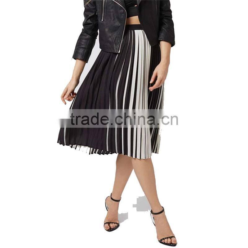 2017 OEM Spring Retro Monochrome Stripe Pleated Midi Skirt