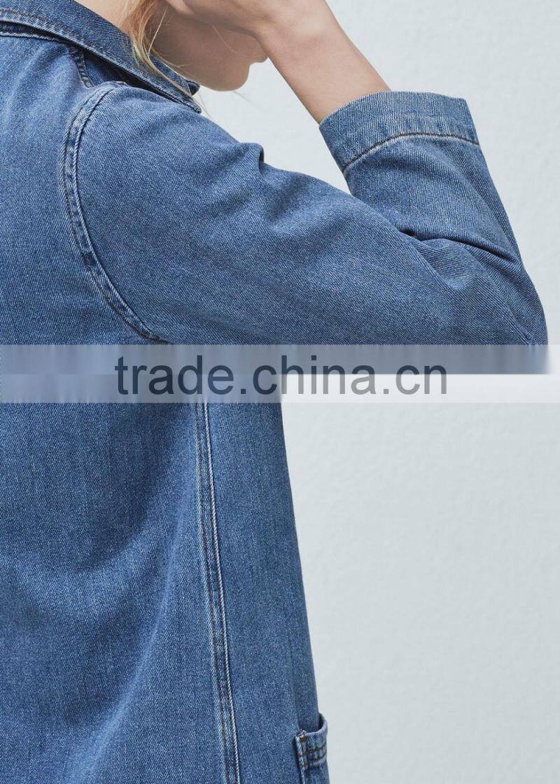 Girls button-up raw hem casual loose long sleeve denim jeans dress