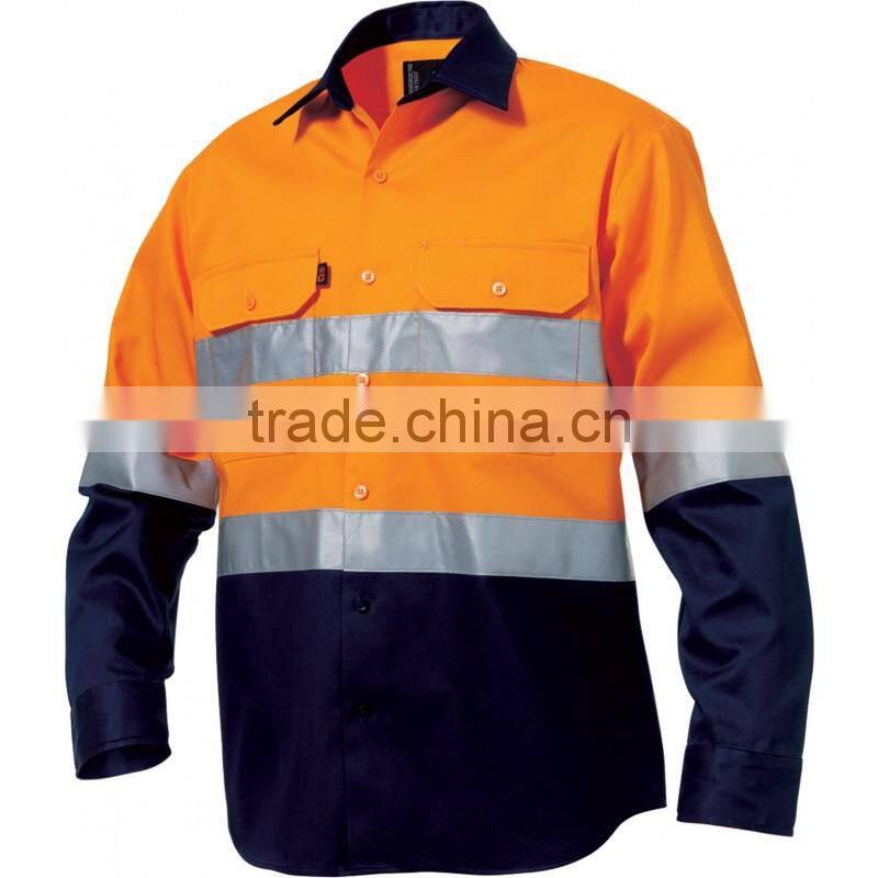 Hi vis two tones reflective tape orange navy large size long sleeve work shirt