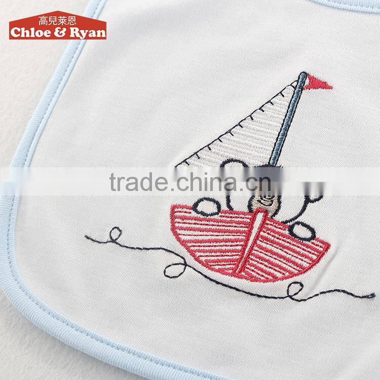 Top quality boutique cute fancy plain blue cotton waterproof baby bib manufacturer