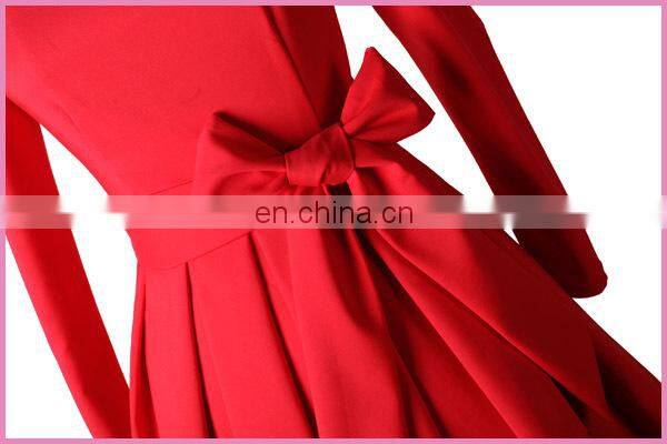 long sleeves boat neck belted side bowknot high waisted evening dress