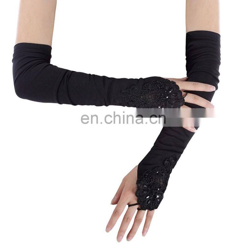 Grace Karin Womens 19" Lace Embellished Pleated Black And White color Fingerless Gloves Bridal Wedding Gloves CL010471