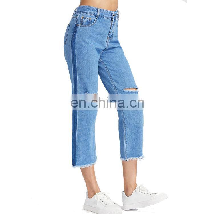 Cut Out Frayed Hem Ankle Jeans Fashion Demin Pants For Women