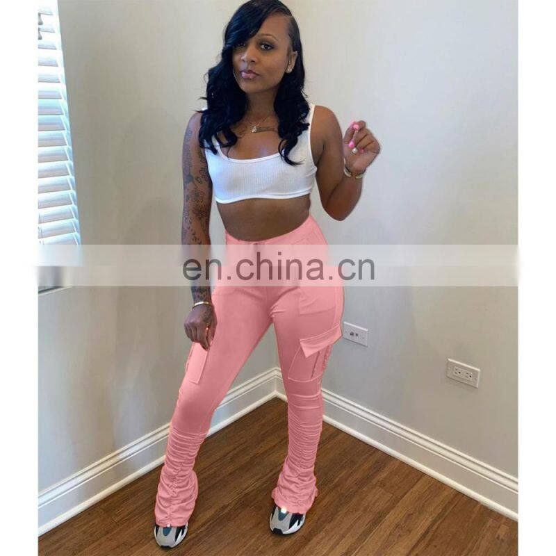 Amazon Hot 2021 European and American casual cotton blended skinny trousers flared mid-waist casual pants