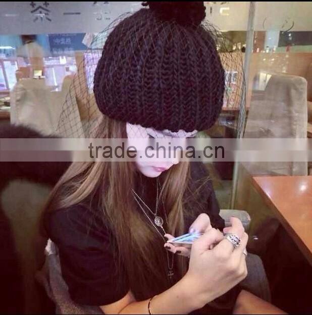 Hot Selling Lace Cover Tied Plain Acrylic Knitting Fashion Ladies Beanie Hat