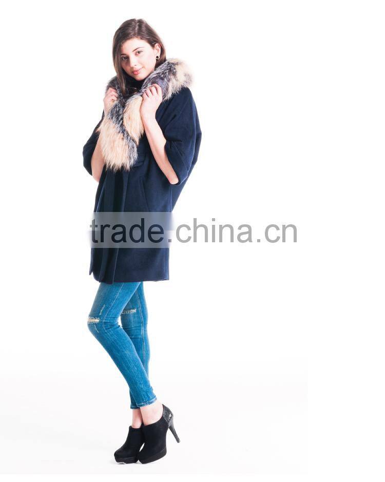 Autumn and winter length seven points women coat with silver fox Fur collar cashmere overcoat