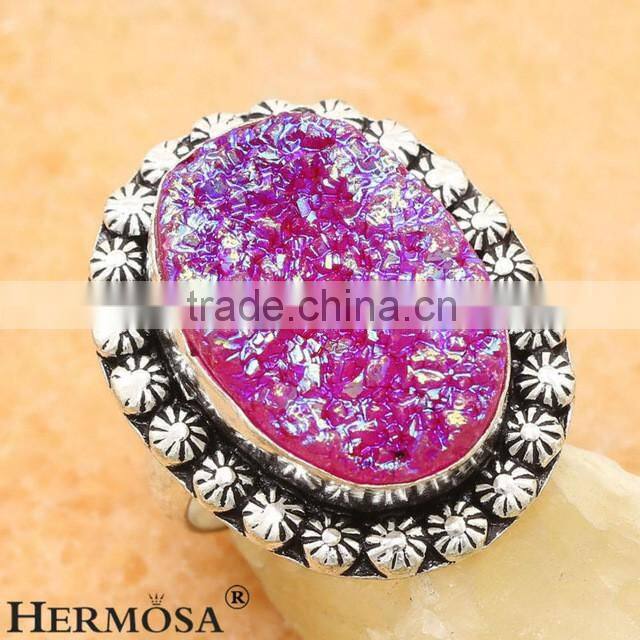 925 Sterling Silver Oval Natural Rainbow Titanium Druzy Gorgeous Unisex Ring