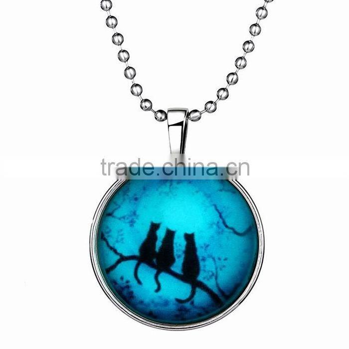 Round crystal pendant black cat and branch charm Light in the Dark Necklace