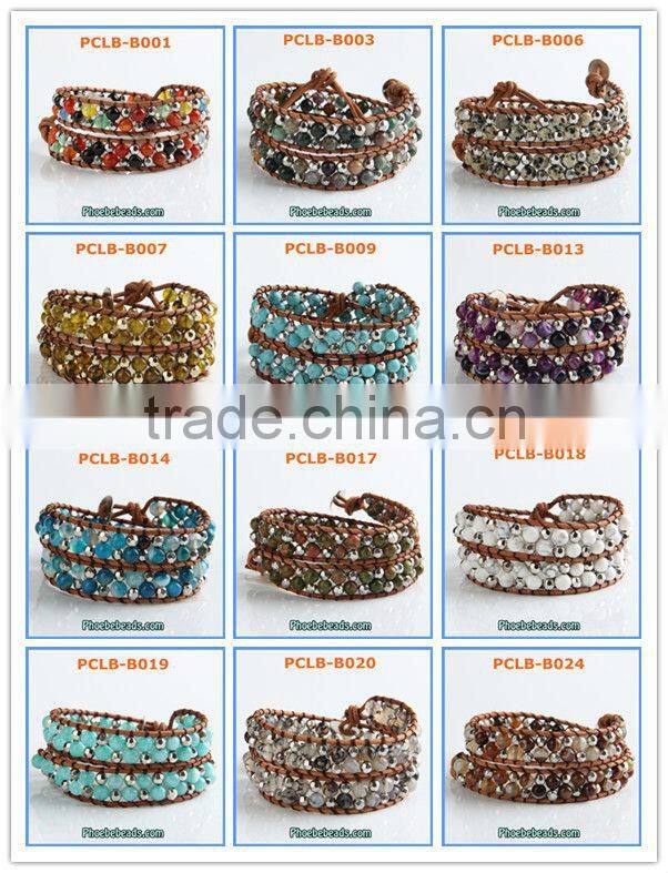 Hot Sale High Quality 6mm Agate Three Leather Wrap Bracelets Wholesale PCLB-C052