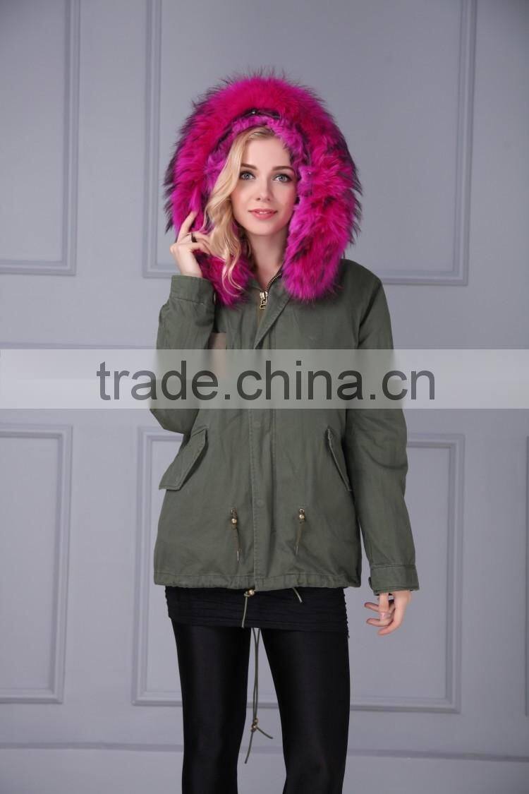 Women Detachable Raccoon Fur Collar Lined Fox Fur Hooded Parka
