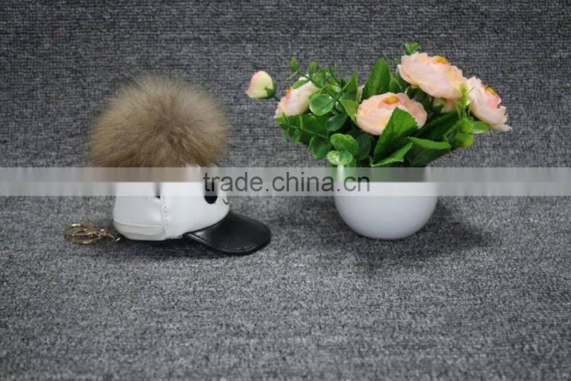 Hot sale cute hat with raccoon fur keychain for smartphone/hand bag/car