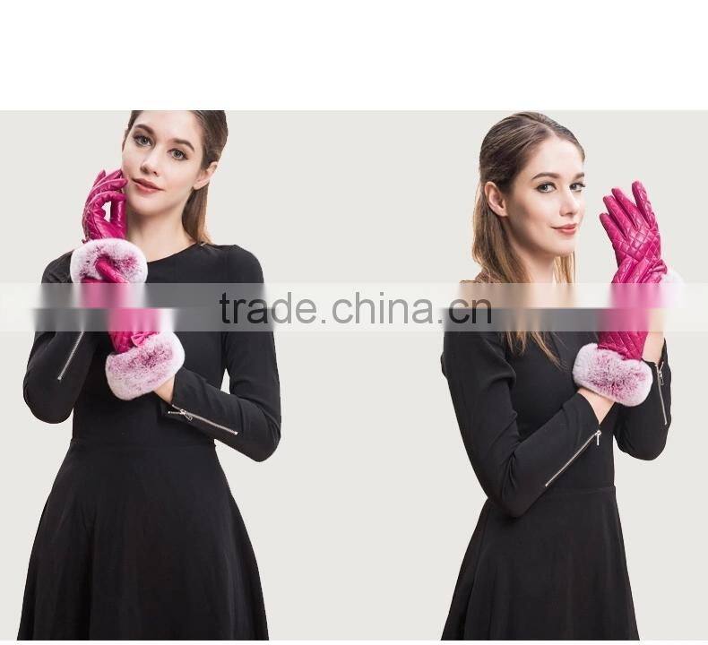 Rex Rabbit Fur Wrist Trim Genuine Sheep Leather Gloves Dimond Lattice Design