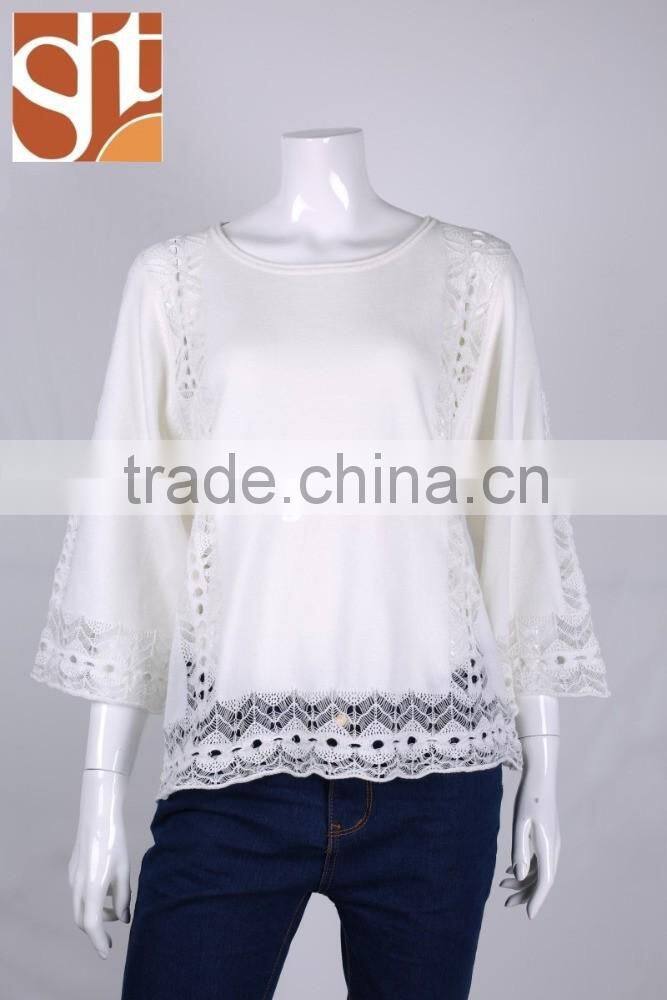 2016 New ladies' boat neck 3/4 sleeve pullover knitted sweater with pointell