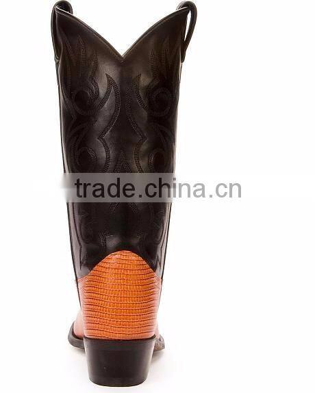 Black cognac fancy stitched manmade shaft leather lizard printed western cowboy boots