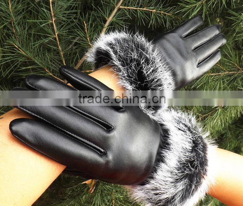 Korea Style Full Finger PU Material Winter Keep Warm and Velvet Cycle Gloves for Woman