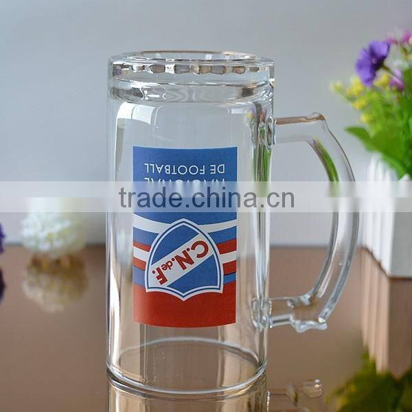 Clear beer glass cup with handle with printing