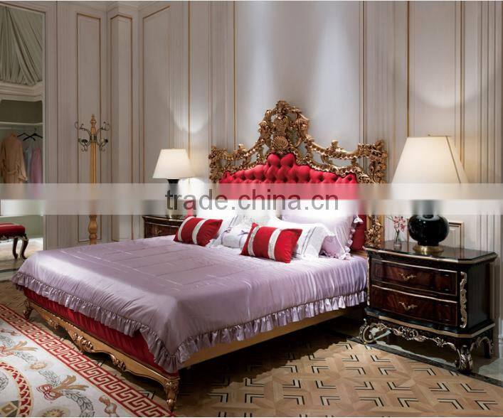 Luxury neoclassical solid wood bedroom furniture double bed with wooden hand carved heardboard