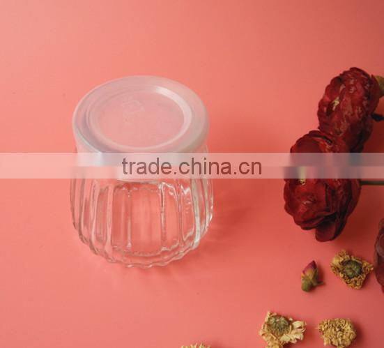promotional fancy ribbed pudding jelly glass jar with plastic lid