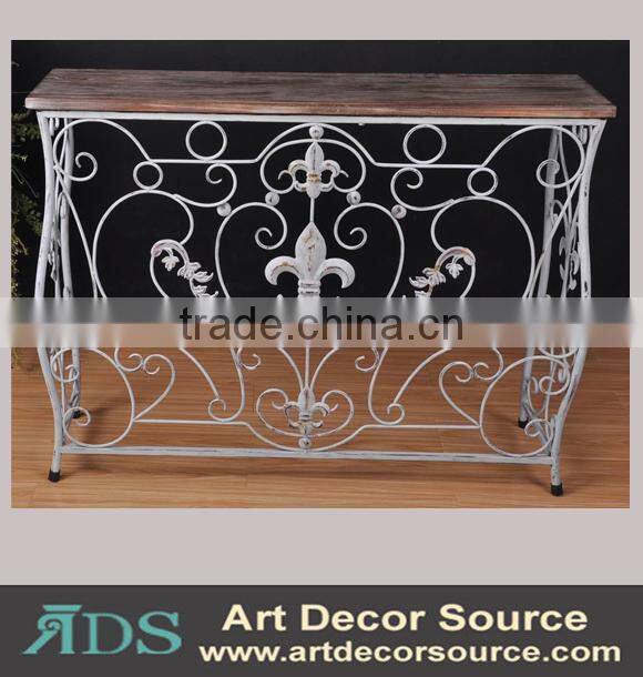 Antique metal frame console table with 4 wood drawers and shelf