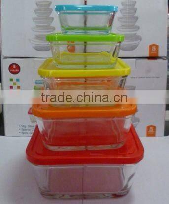 Set of 5 pcs glass salad bowl with colorful plastic lid