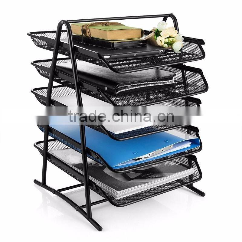 2017 amazon popular design 5 layers black metal mesh desk file holder