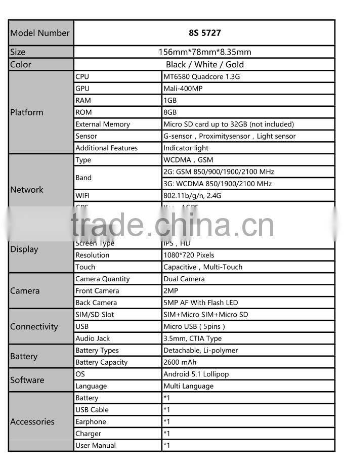 8S5727 3G Smartphone MT6580 Quadcore Big battery