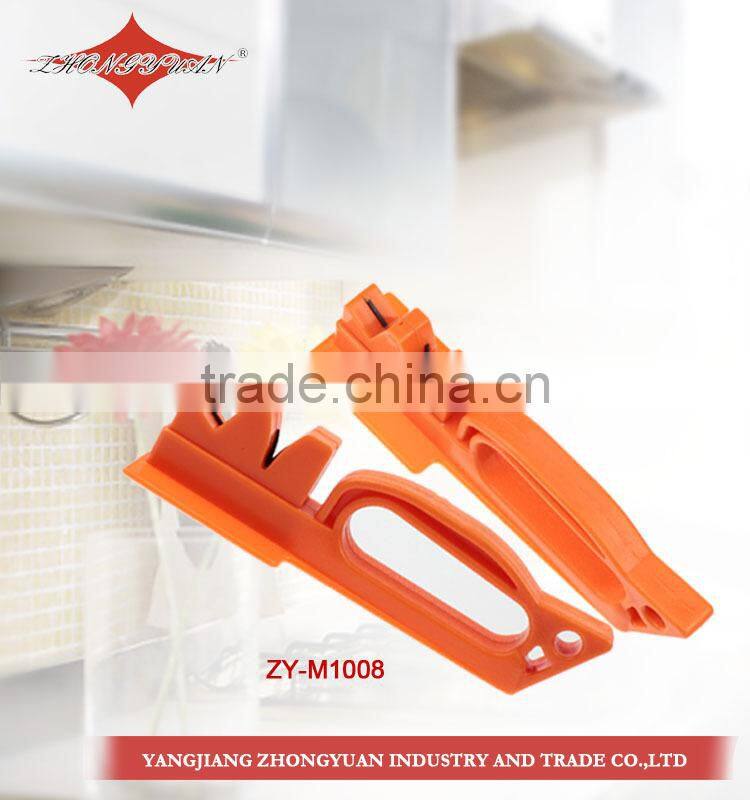 Precision edge 2 stage knife or scissors sharpener with full length safety handle