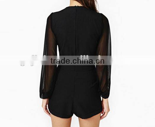 Sexy Ladies Women Jumpsuit Career Long Sleeve Chiffon Rompers Casual Short Pant Deep V-Neck Jumpsuit