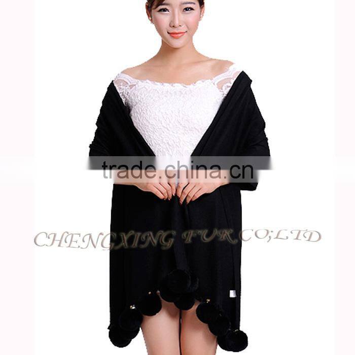 CX-B-P-42C Fur Ball Fashion Women Pashmina Wide Shawl