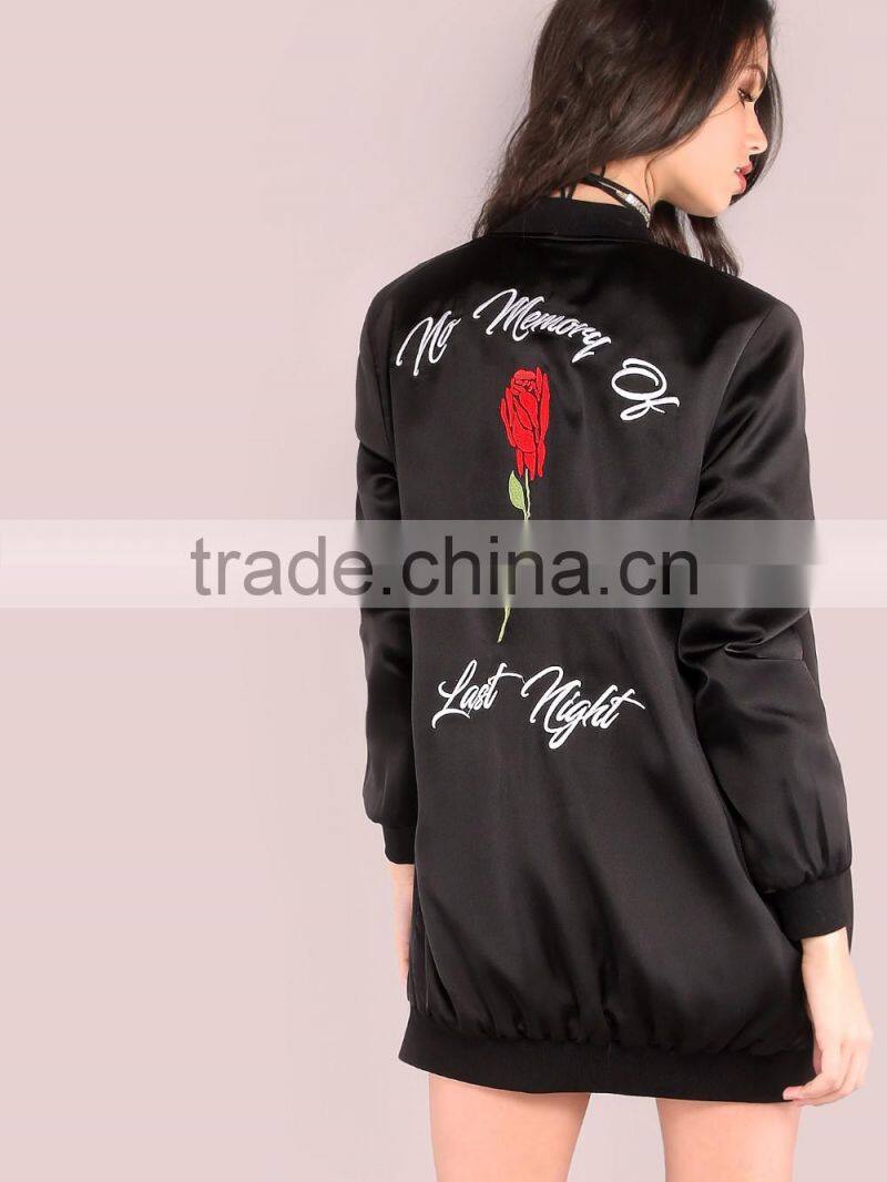 Black Rose Embroidered Bomber Jacket 100% Polyester Vintage Casual Back Silky Longline Winter Zipper Jacket