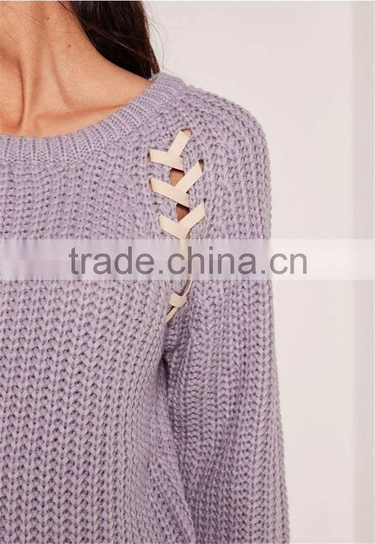 Custom Label Brand Women Plain Long Sleeve Knitwear Crewneck Lace Up Jumper Purple Pullover Oversized