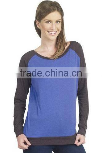 Factory Direct Wholesale Women's Cotton Poly Contrast Raglan Long Sleeve Pullover