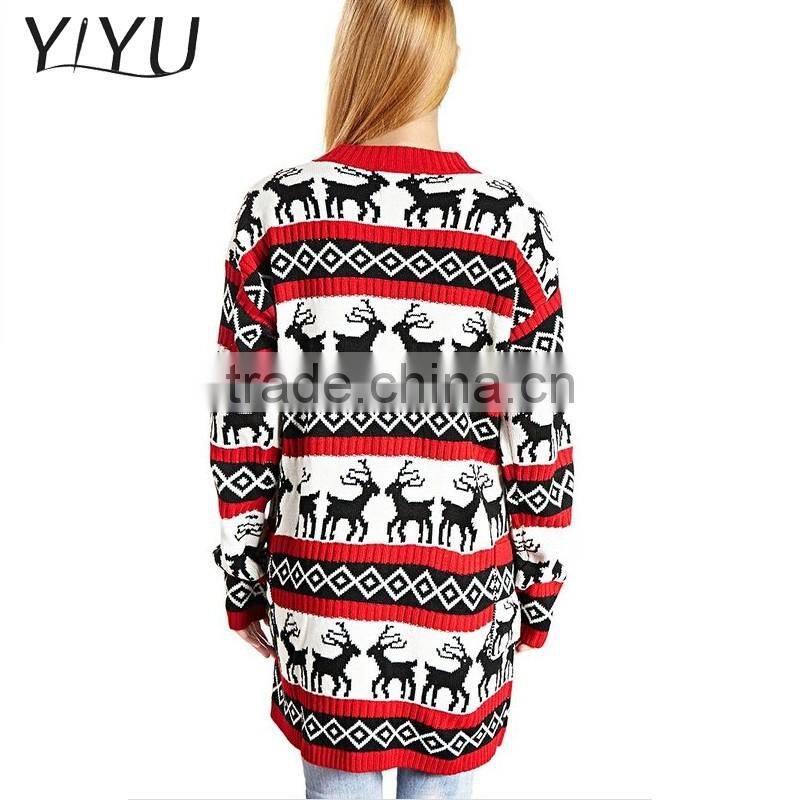 Custom Reindeer jacquard long big button ugly christma cardigan jumper for women