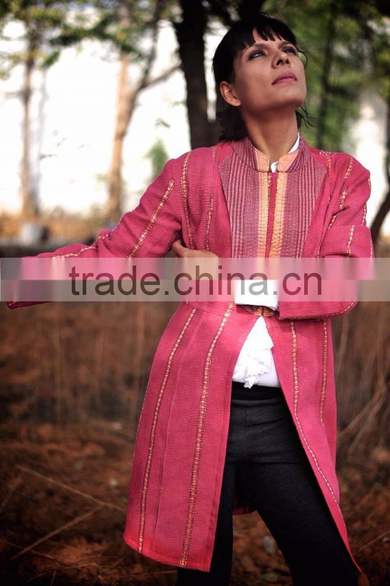 Vintage Kantha Long Jacket in Fuchsia & Gold ~ Extra Extra Large