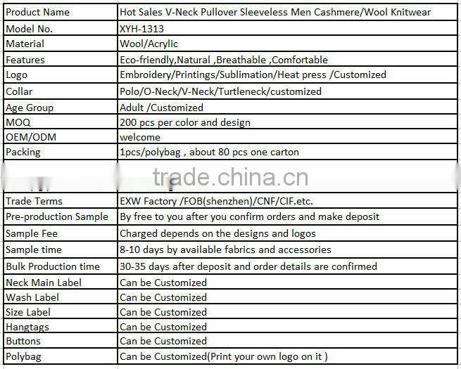 Hot Sales V-Neck Pullover Sleeveless Men Cashmere/Wool Knitwear