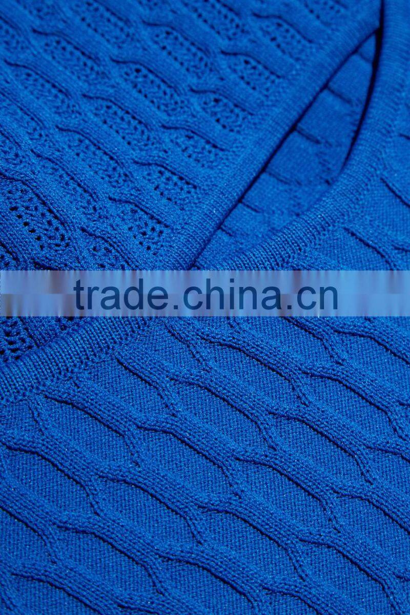 Sexy Designed Deep V-Neck Plain Blue Sweater Crop Top for Ladies