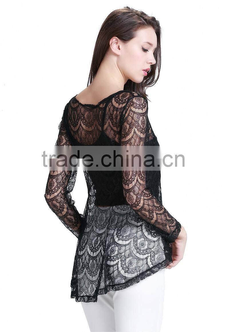Women's new style black sexy lace short front long back wavy strip two piece shirt