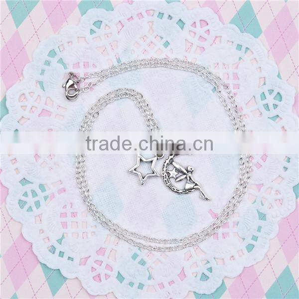 New Fashion Necklace Link Cable Chain Antique Silver Fairy Moon Star Pendants 51.6cm long