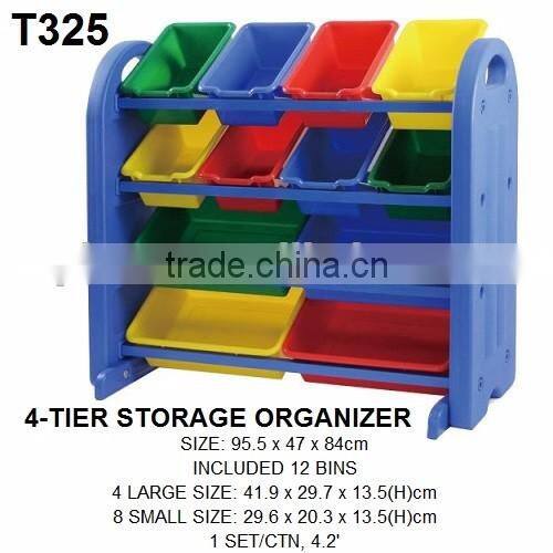 4-tier plastic toy storage organizer with 12-storage bins