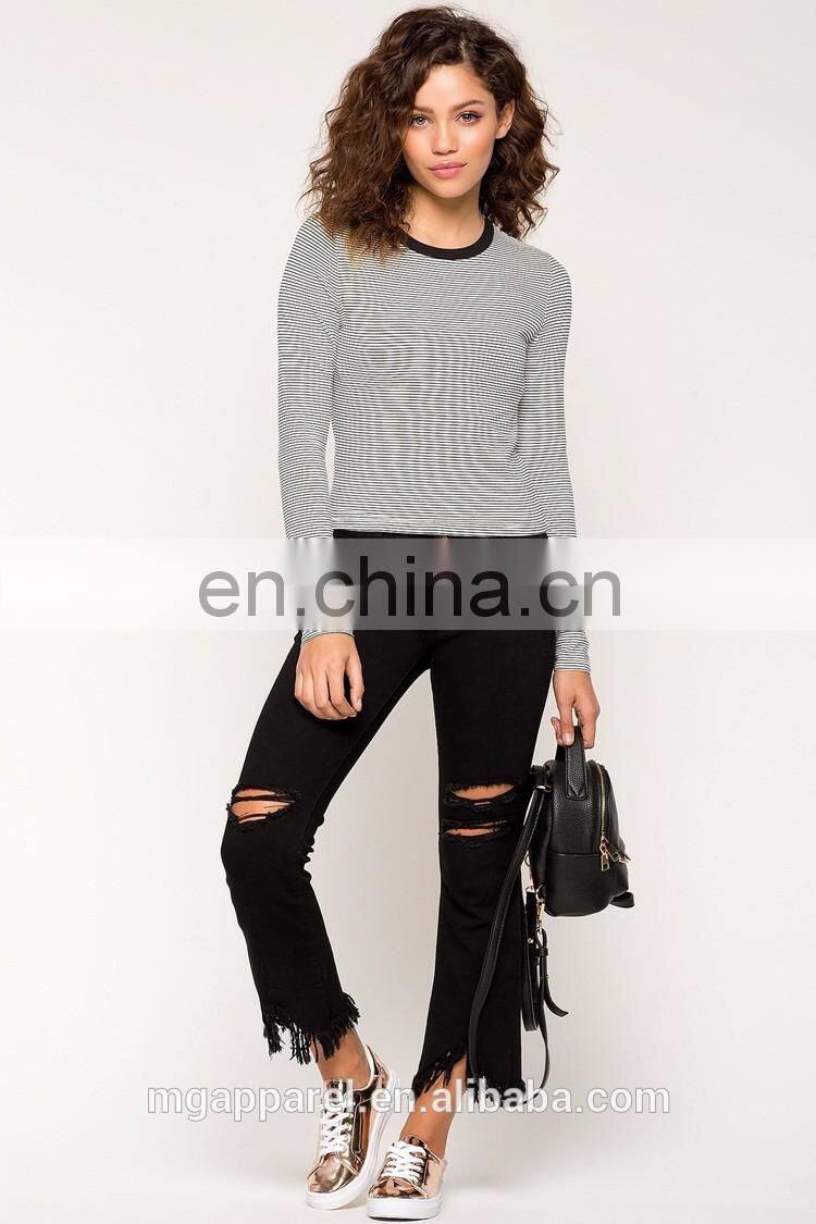 2017 New fashion custom wholesale long sleeve striped t shirt for women