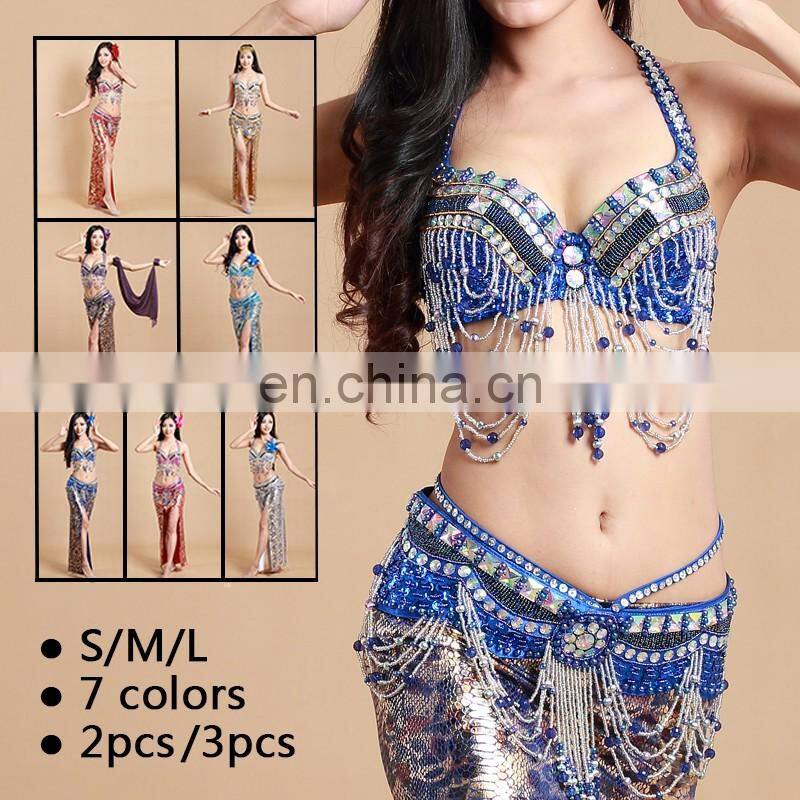 High-grade 5pcs hot stamping ice silk bellydance costume with handmade bell