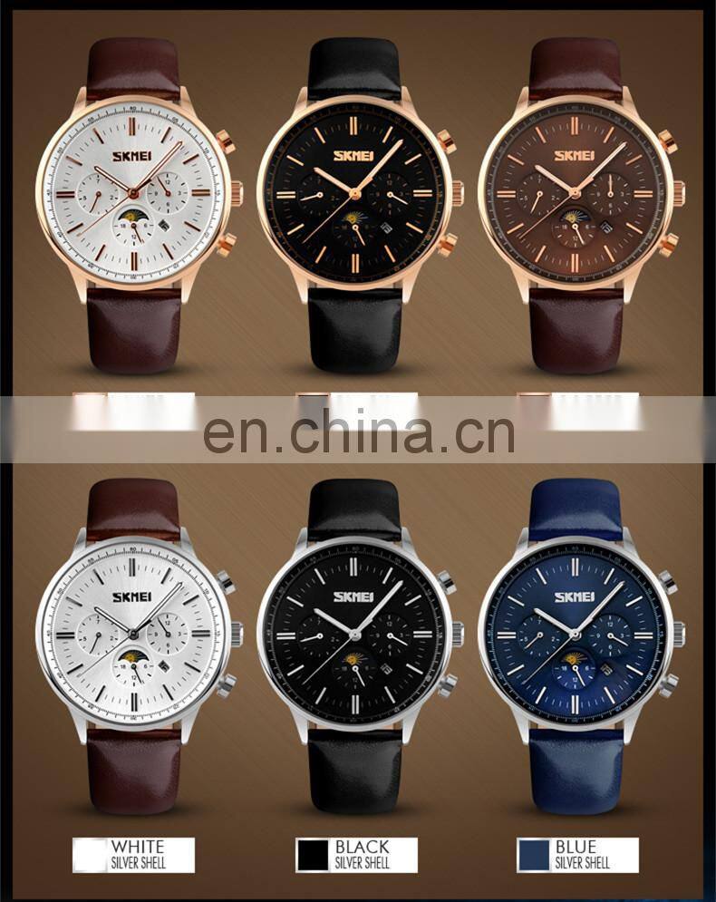 SKMEI 9117 Japan movt quartz watch stainless steel back wristwatch with leather strap